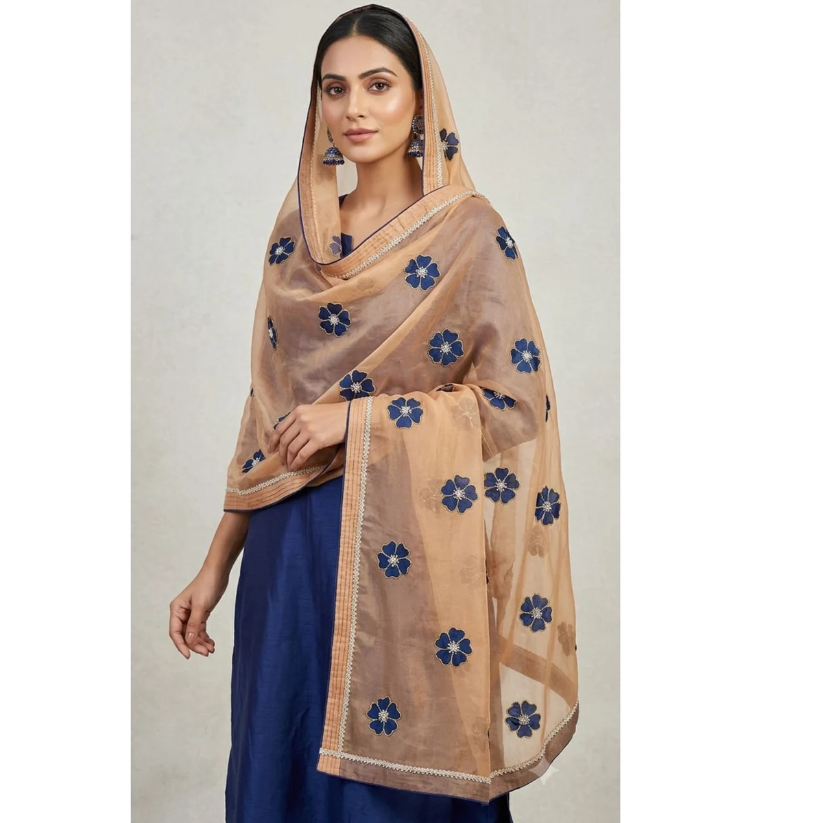 Peach Floral Organza Dupatta – Custom Made