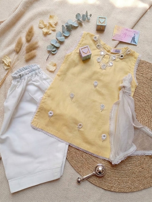 Baby Girl Mirror Work Kurta Set with Dupatta - Yellow & White