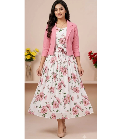 Pink Floral Western Maxi Dress with Cropped Blazer – Custom Made