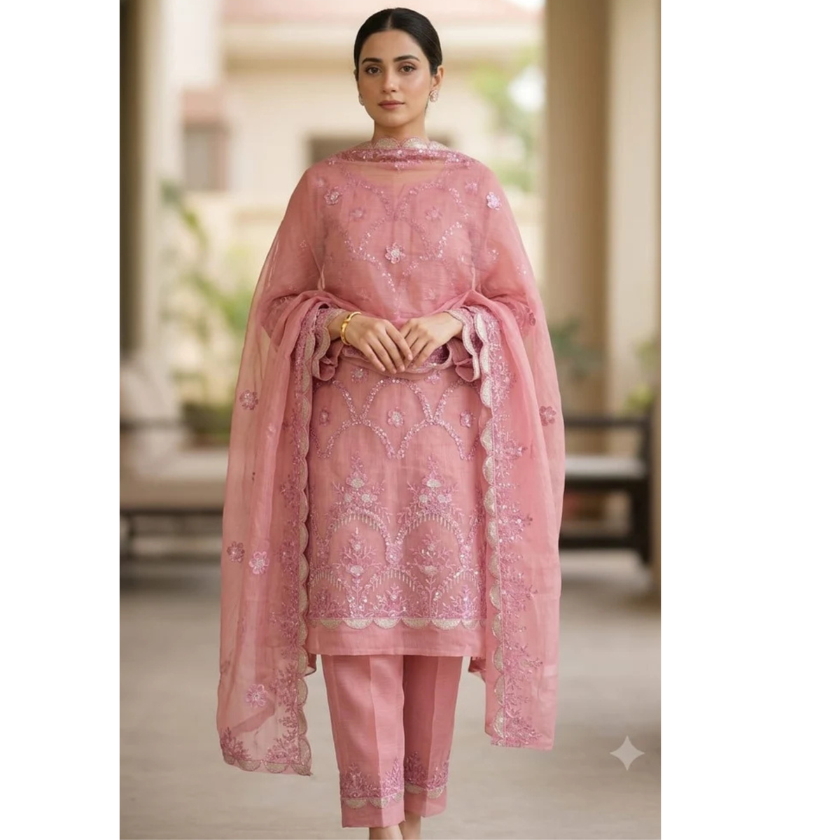 Elegant Pink Embroidered 3-Piece Suit – Party & Wedding Wear