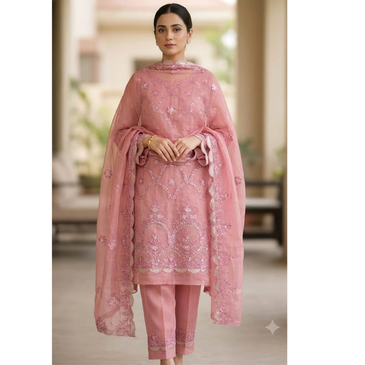 Elegant Pink Embroidered 3-Piece Suit – Party & Wedding Wear