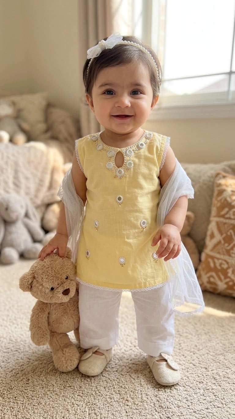 Baby Girl Mirror Work Kurta Set with Dupatta - Yellow & White