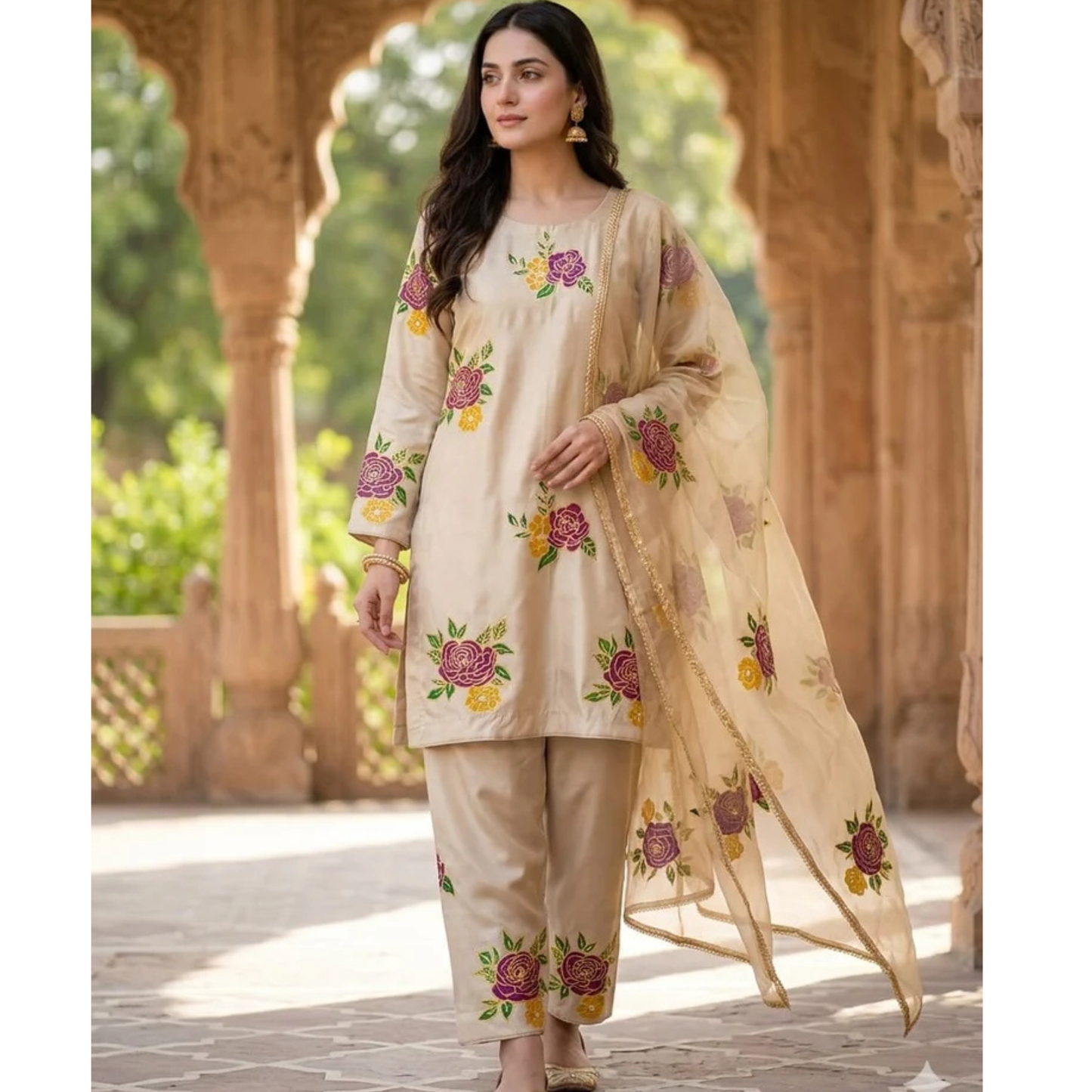 Hand-Painted Beige Floral 3-Piece Suit – Custom Made