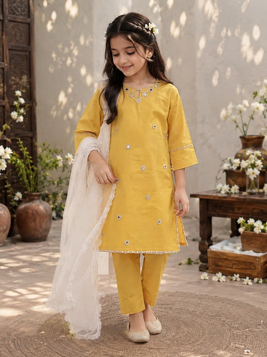 Baby Girl Mirror Work Kurta Set with Dupatta - Yellow & White