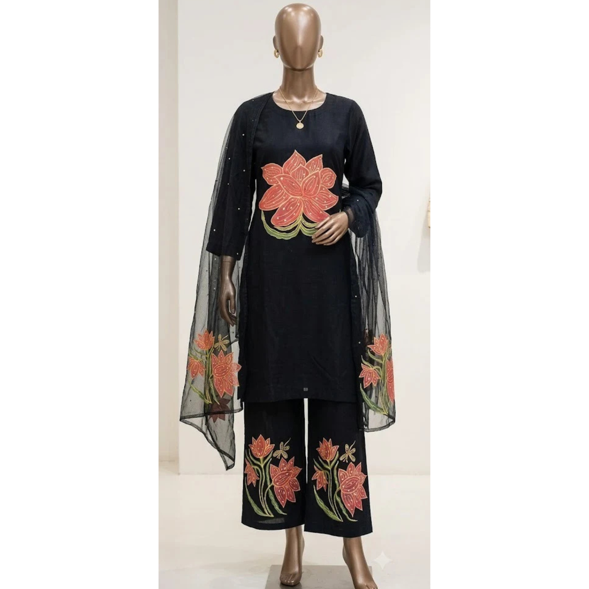 Hand-Painted Black 3-Piece Suit with Floral Design – Custom Made
