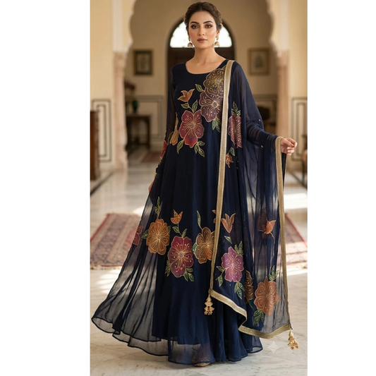 Hand-Painted Navy Blue Floral Frock with Dupatta – Custom Made