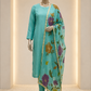 Hand-Painted Turquoise 3-Piece Suit with Floral Dupatta – Custom Made