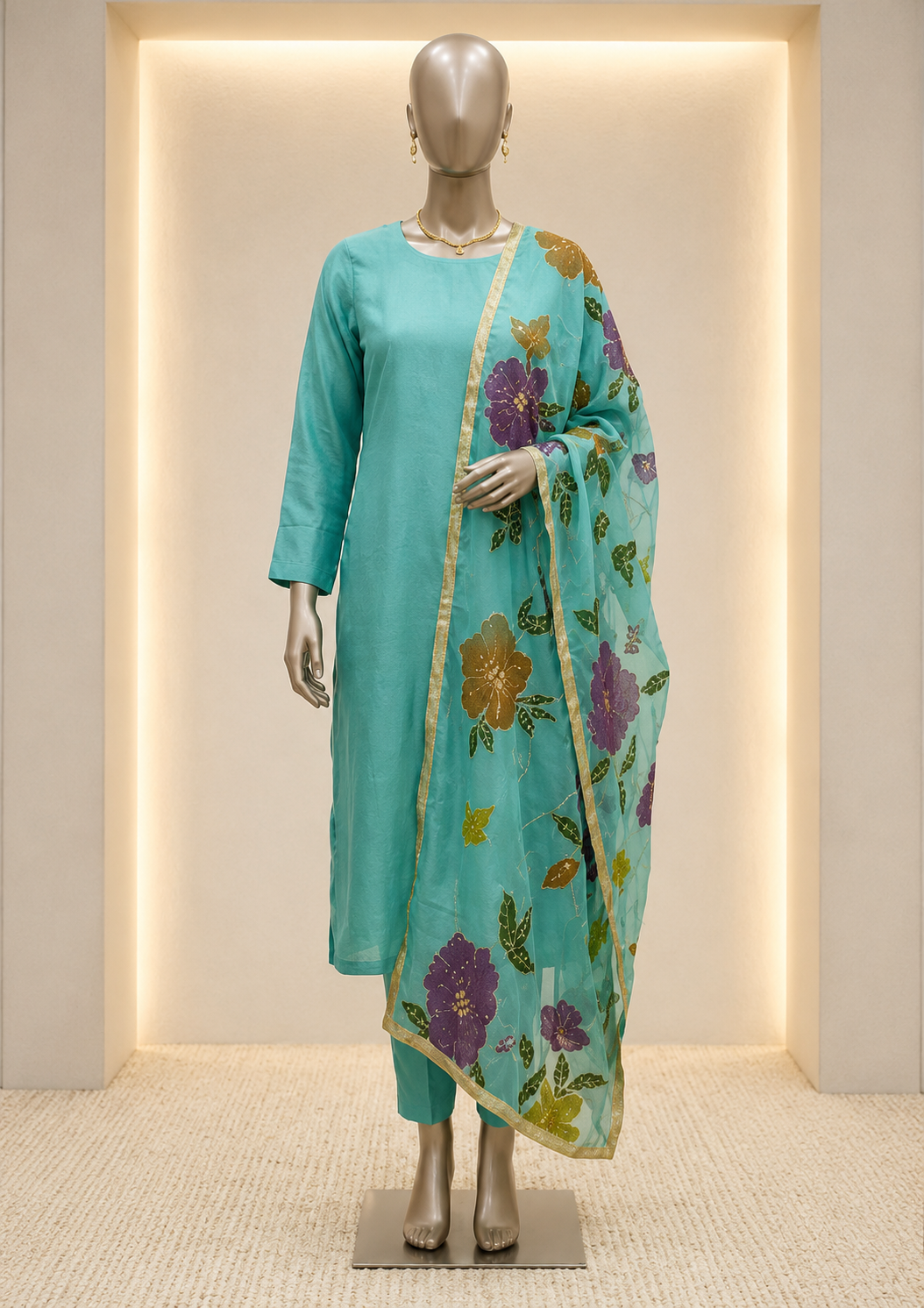 Hand-Painted Turquoise 3-Piece Suit with Floral Dupatta – Custom Made