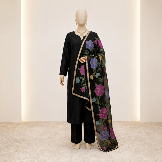 Floral Embroidered Black Dupatta – Custom Made