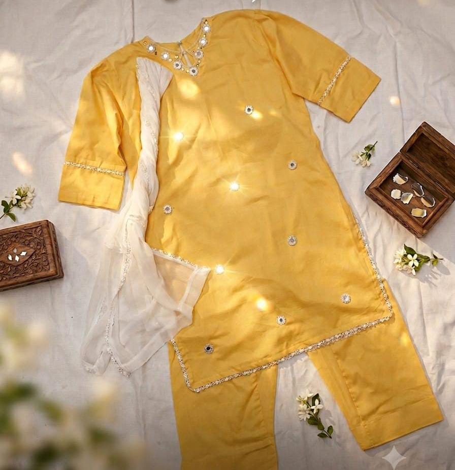 Baby Girl Mirror Work Kurta Set with Dupatta - Yellow & White