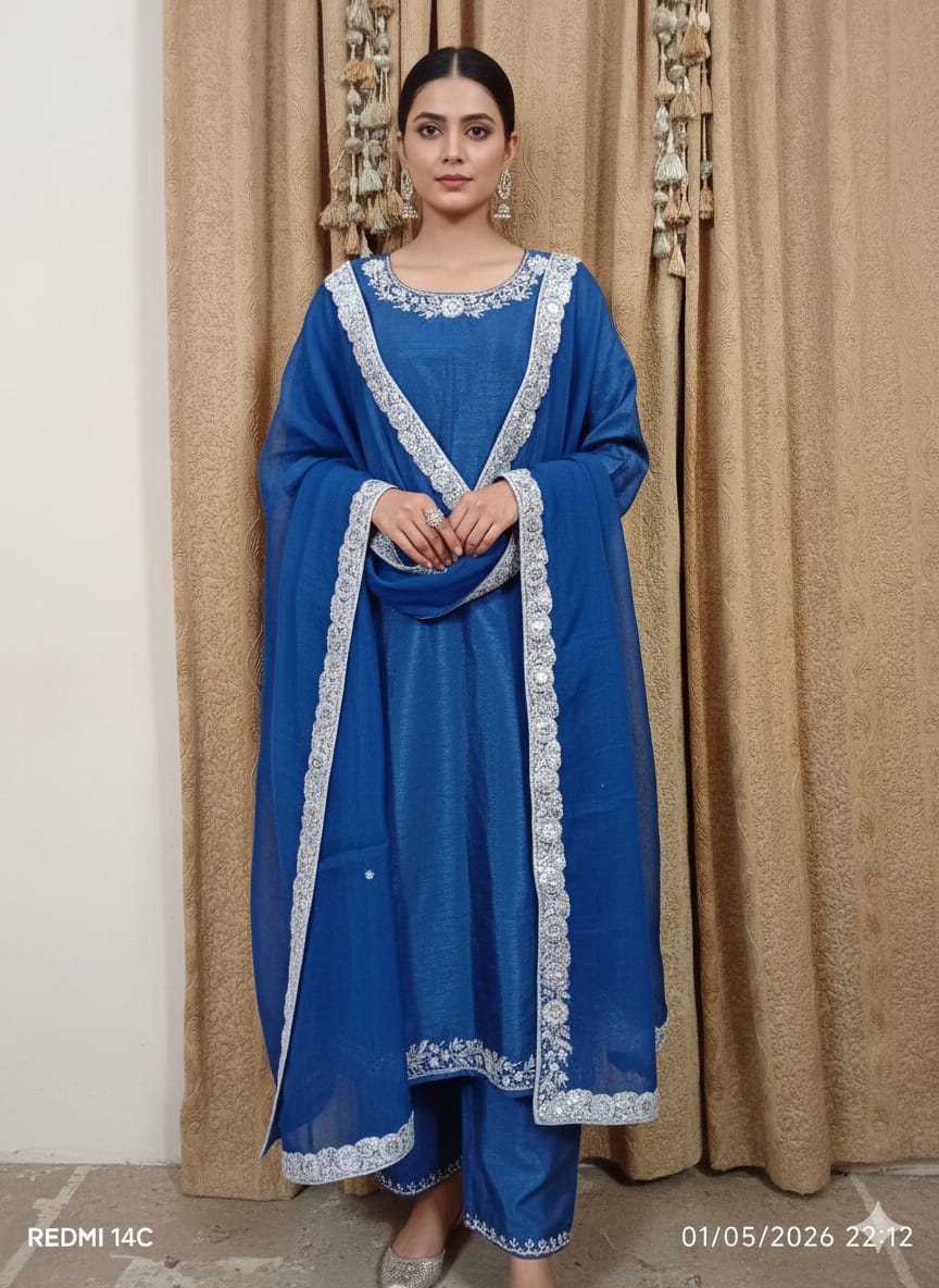 Royal Blue Adda Work Stitched 3-Piece Suit – Custom Made