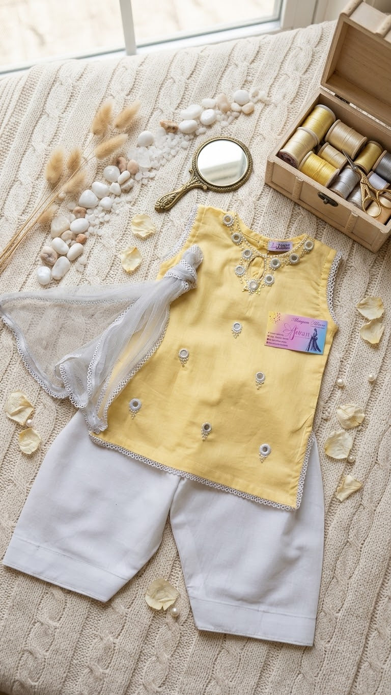 Baby Girl Mirror Work Kurta Set with Dupatta - Yellow & White