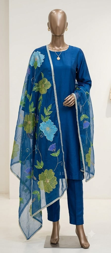 Hand-Painted Royal Blue Floral Dupatta – Custom Made