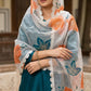 Teal & Peach Floral Organza Dupatta with Scalloped Border – Custom Made