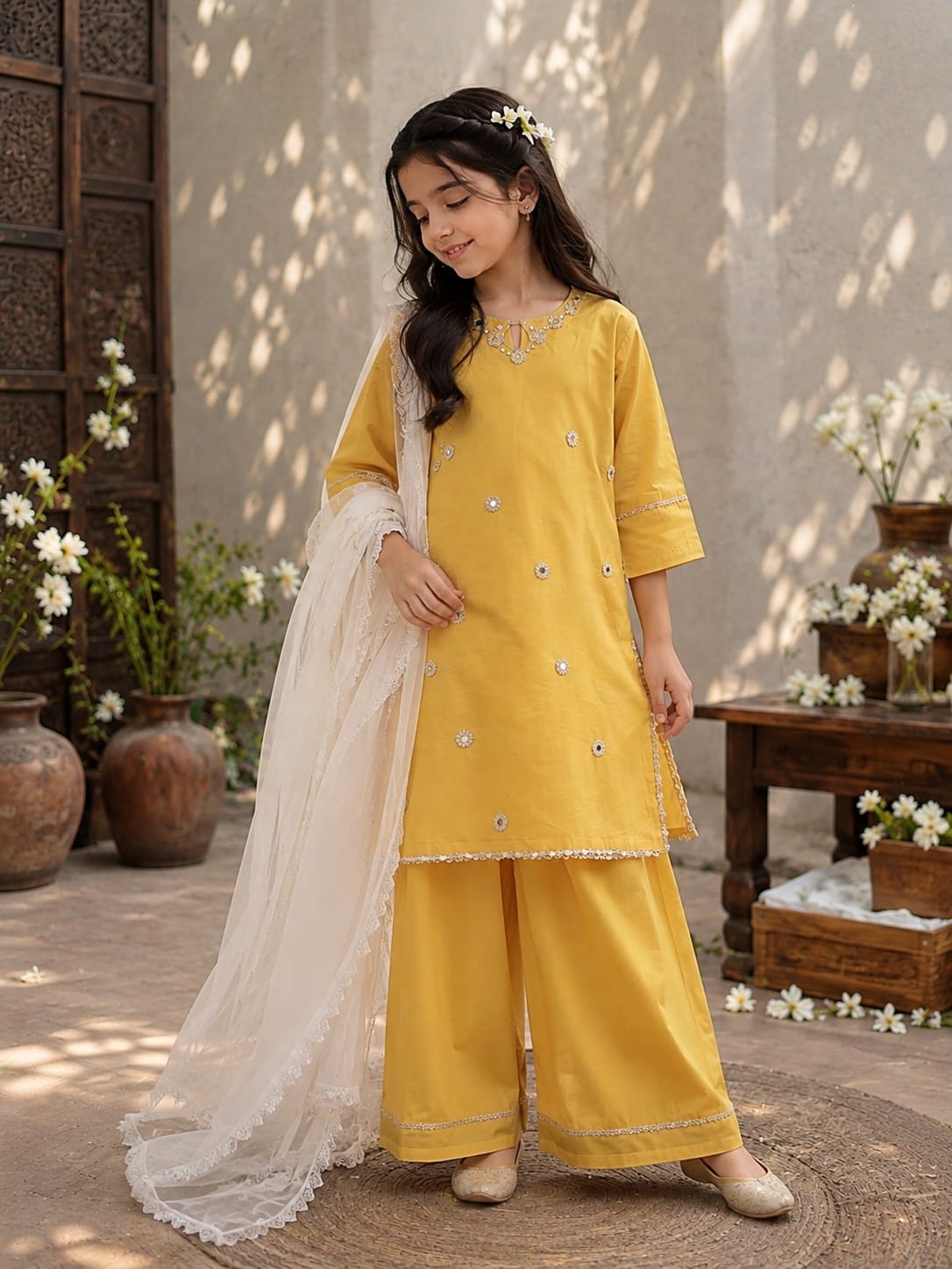 Baby Girl Mirror Work Kurta Set with Dupatta - Yellow & White