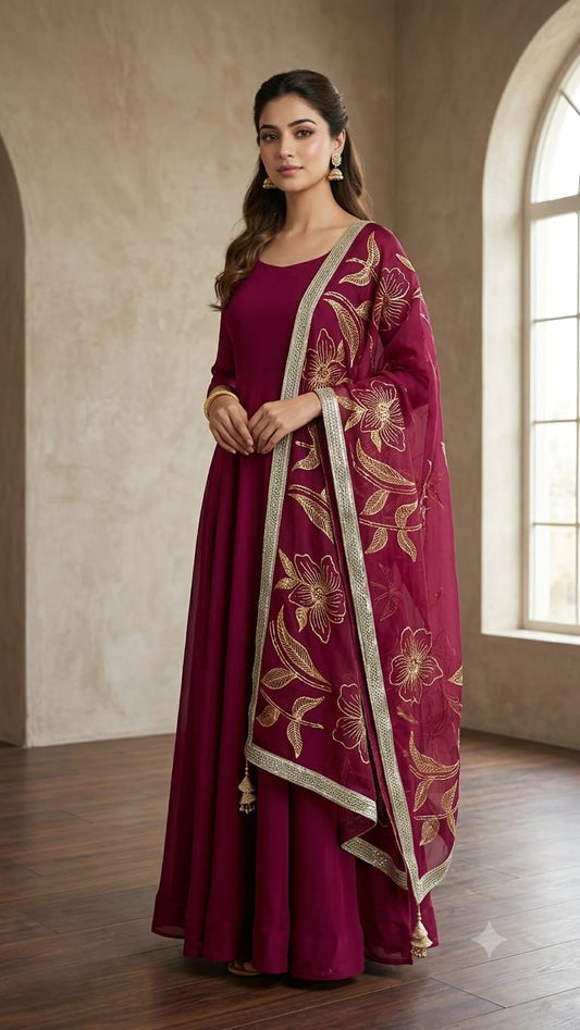 Elegant Maroon Floral Frock with Embroidered Dupatta – Custom Made