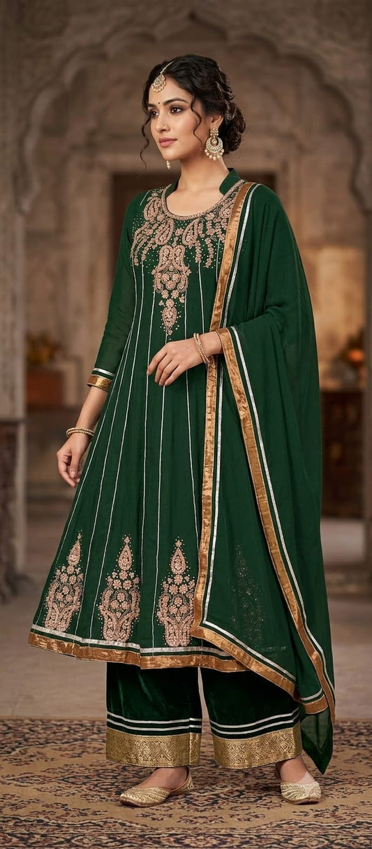 Elegant Dark Green Wedding 3-Piece Suit with Gold Embroidery